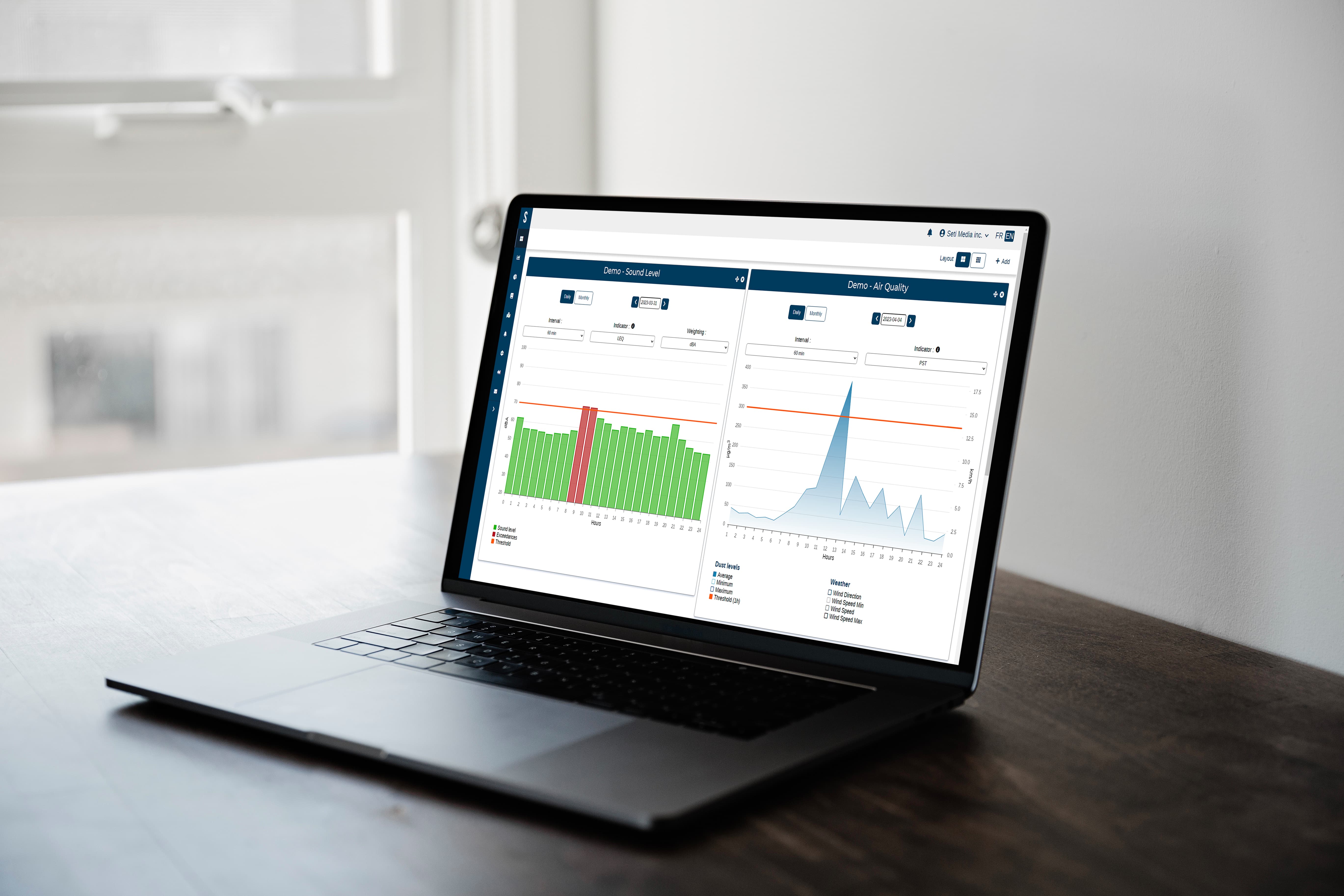 A laptop showing a dashboard with real-time environmental data, noise level, air quality level and vibration level