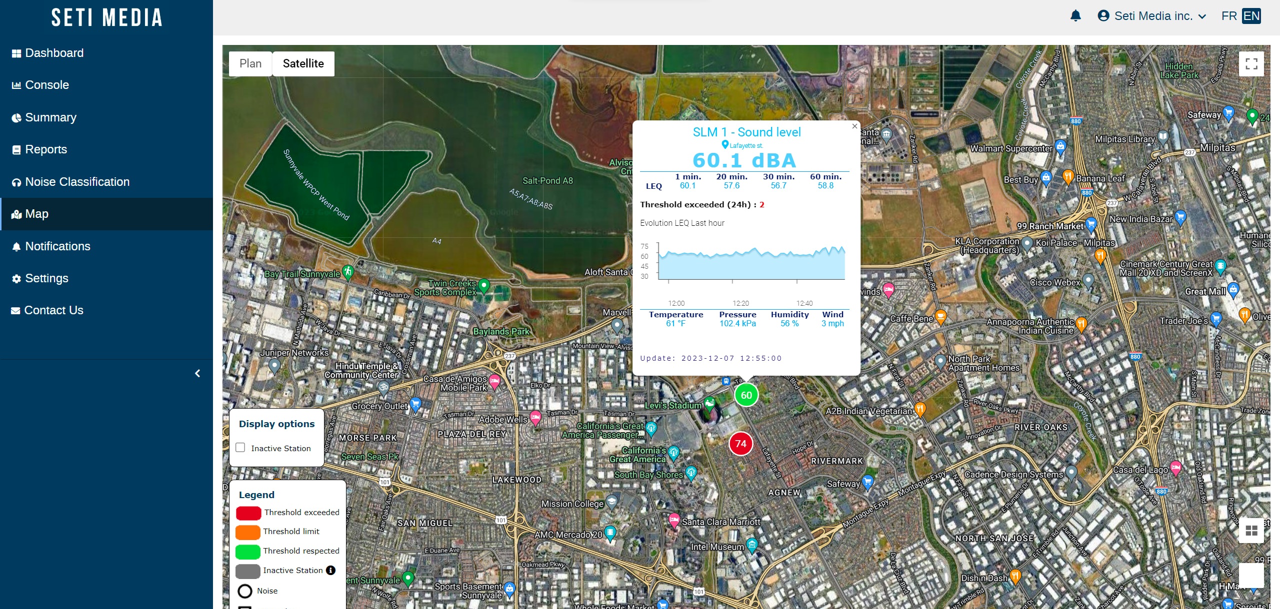 A computer showing a spatial view of monitoring sensor with real-time data