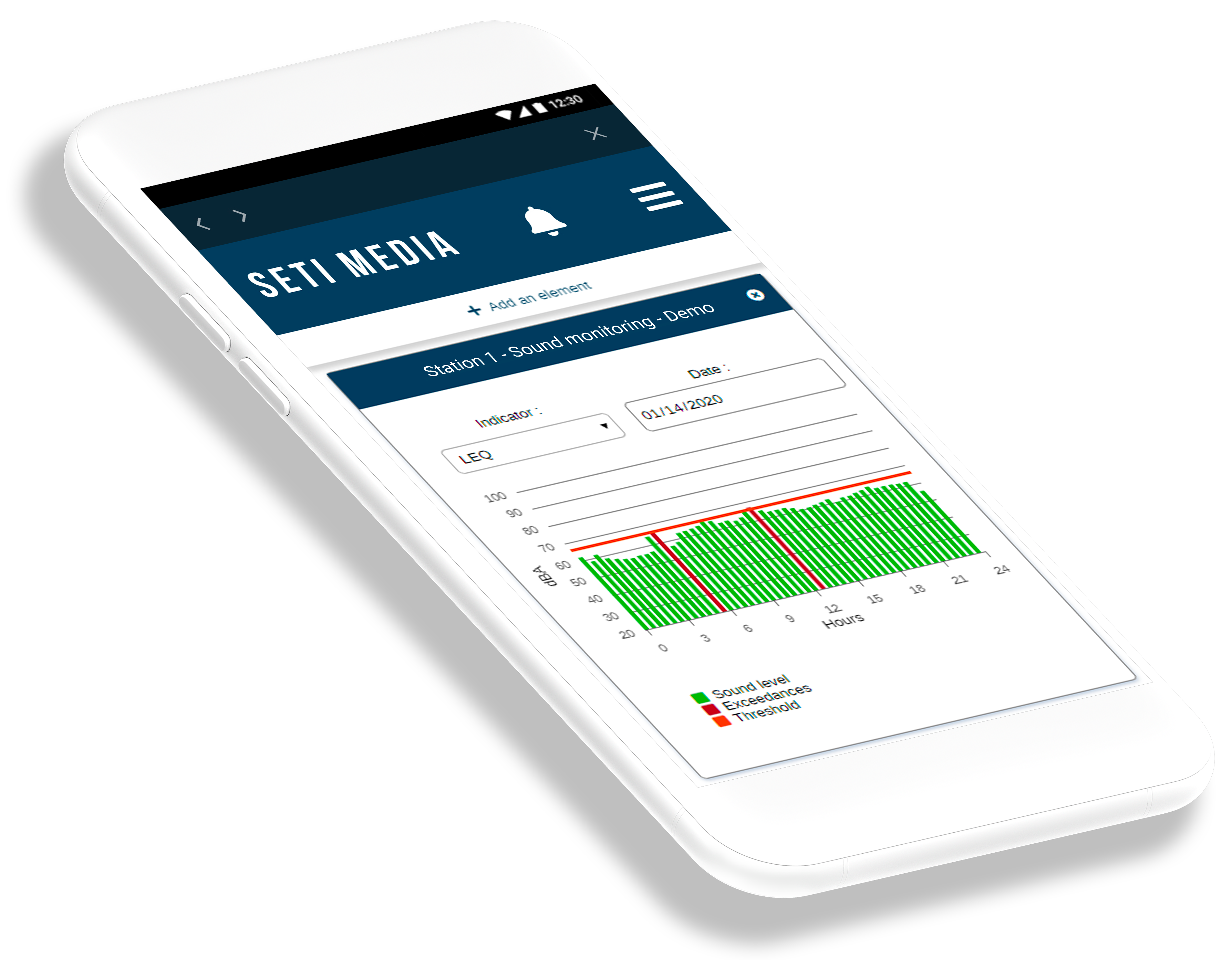 A cellphone showing real-time environmental data, noise level, air quality level and vibration level