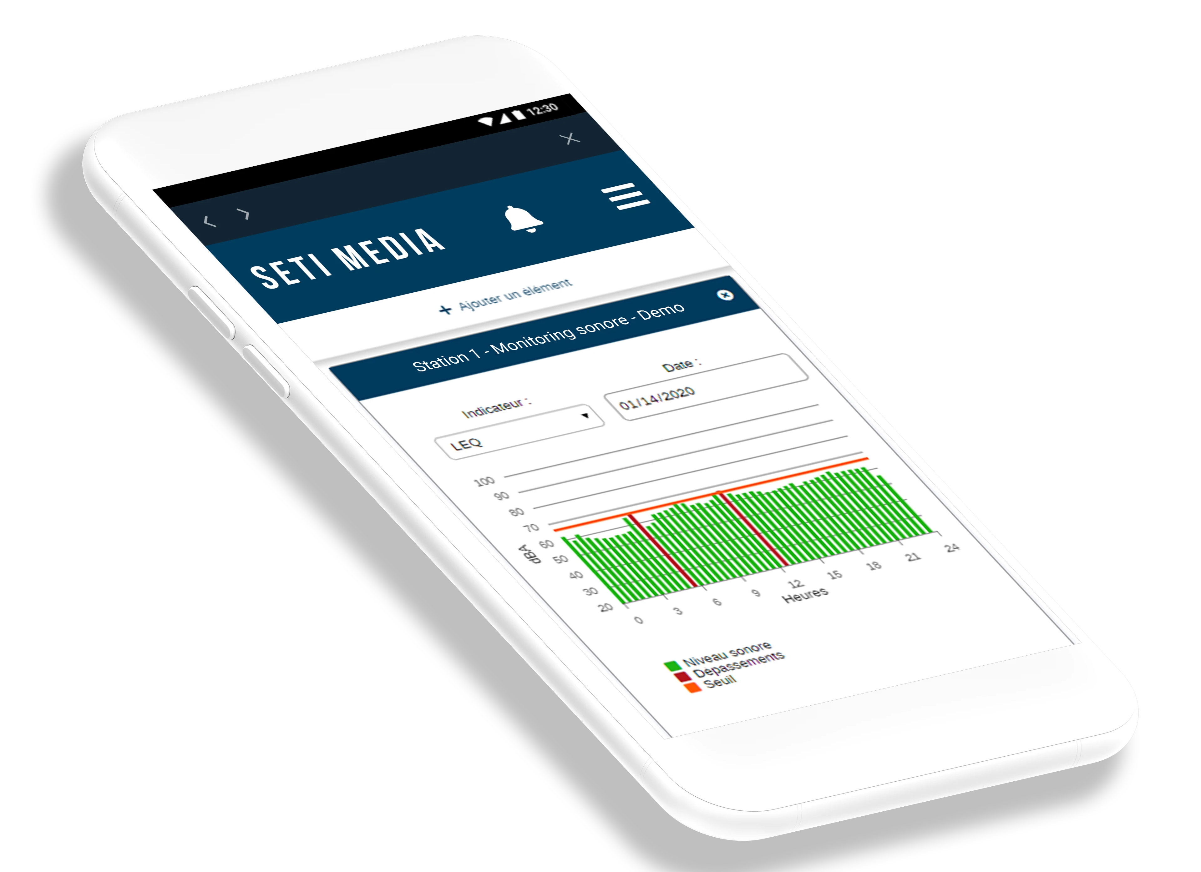 Un téléphone portable affichant des données environnementales de bruit, de qualité de l'air et de vibration en temps réel